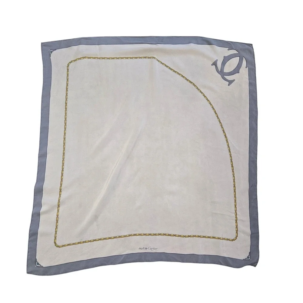 Must de Cartier Paris Silk Scarf Pink Grey Gold Chain Link Logo Square 31x31